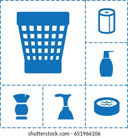 Clean icon. set of 6 clean filled icons such as brush, plunger, bottle soap, paper towel, trash bin