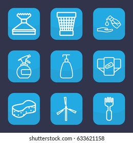 Clean icon. set of 9 outline clean icons such as mill, diaper, spray bottle, soap, window squeegee, sponge, liquid soap, trash bin