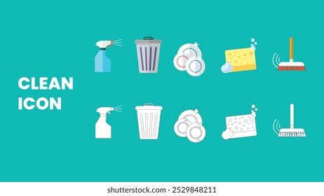 Clean Icon Set - Cleaning Tools and Supplies Illustrations with a flat design and outline 