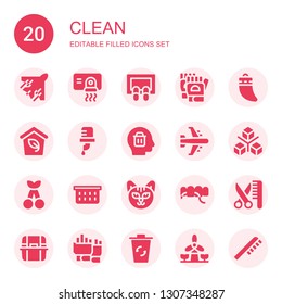 clean icon set. Collection of 20 filled clean icons included Airplane, Hand dryer, Doormat, Gloves, Teeth, Eco, Water, Delete, Cube, Cherry, Laundry basket, Cat, Floss, Grooming