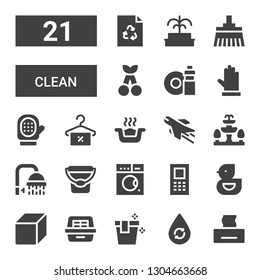clean icon set. Collection of 21 filled clean icons included Tissue, Water, Bucket, Litter box, Cube, Ducky, Mobile, Washing machine, Shower, Fountain, Airplane, Towel, Glove