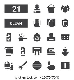 clean icon set. Collection of 21 filled clean icons included Towel, WASHING HANDS, Pad, Broom, Gloves, Fountain, Iron, Doormat, Door hanger, Laundry basket, Tissue, Charcoal, Detergent