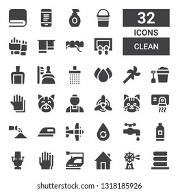 clean icon set. Collection of 32 filled clean icons included Washing, Windmill, Home, Iron, Gloves, Dentist chair, Shampoo, Water tap, Water, Airplane, Ironing, Watering, Hand dryer