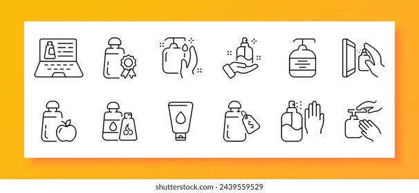 Clean icon set. Hygiene, liquid soap, cream, antiseptic, alcohol, window cleaning, monitor. Black icon on a white background. Vector line icon for business and advertising