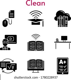 clean icon set. included cloud, e-reader, cap, teacher, desktop, e-book, homework, book, click icons. filled styles.