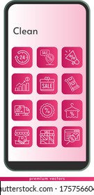 clean icon set. included gift, online shop, megaphone, profits, handshake, 24-hours, shop, towel, discount, placeholder, delivery truck, trolley icons on phone design background . linear styles.