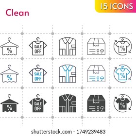 clean icon set. included shirt, package, towel icons on white background. linear, bicolor, filled styles.