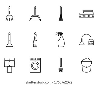 clean icon set with outline style vector for your web design, logo, UI. illustration.Set includes icons as Broom,dustpan,spray,Brush,plunger,vacuum cleaner,Bucket