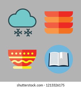 clean icon set. vector set about snowing, open book, dishes and bowl icons set.