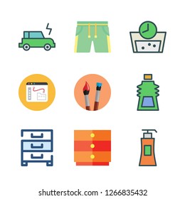 clean icon set. vector set about liquid soap, eraser icon, paint brush and gel icons set.