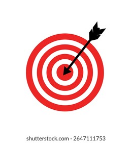 Um vetor de design plano limpo e icônico ilustração de um alvo com uma flecha acertando precisamente o alvo, simbolizando sucesso, metas, precisão e realização estratégica. Perfeito para os negócios.