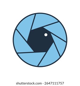 A clean and iconic flat design vector illustration of a camera lens aperture, symbolizing photography, focus, vision, and optical technology. Perfect for photo apps, creative services.