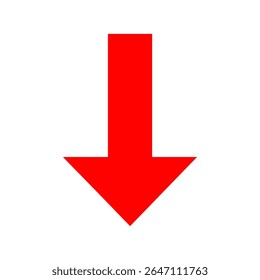 A clean and iconic flat design vector illustration of a solid red downward arrow, universally symbolizing download, decrease, and negative direction. Perfect for web interfaces.
