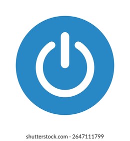 Uma ilustração vetorial de design plano limpa e icônica de um círculo azul sólido com um símbolo de ativação,desativação de energia branca, representando universalmente o controle, a tecnologia e a funcionalidade. Perfeito para interfaces de usuário