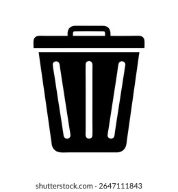 Um vetor de design plano limpo e icônico ilustração de uma lata de lixo preta sólida, universalmente simbolizando resíduos, eliminação, funções de exclusão e reciclagem. Perfeito para interfaces de usuário, ferramentas de limpeza.
