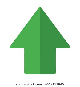 A clean and iconic flat design vector illustration of a solid green upward arrow, universally symbolizing progress, growth, upload, and positive direction. Perfect for web interfaces.