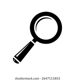 A clean and iconic flat design vector illustration of a solid black magnifying glass, universally symbolizing search, discovery, investigation, and information. Perfect for web design, apps.