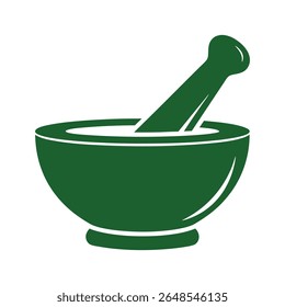 A clean and iconic flat design vector illustration of a solid green mortar and pestle, symbolizing pharmacy, medicine, and traditional remedies. Perfect for healthcare, herbal medicine.