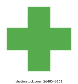 A clean and iconic flat design vector illustration of a solid green cross, universally symbolizing healthcare, pharmacy, and positive medical assistance. Perfect for wellness content.