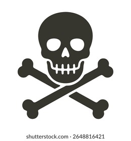 A clean and iconic flat design vector illustration of a solid black skull and crossbones, universally symbolizing danger, warning, death, and poison. Perfect for safety alerts, Halloween designs.