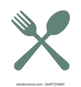 A clean and iconic flat design vector illustration of a crossed fork and spoon, universally symbolizing dining, food, and restaurant services. Perfect for menus, food apps, and designs.