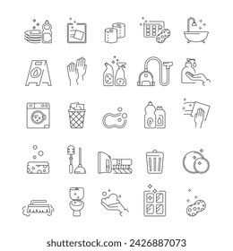 Clean icons. Cleaning service. Spray bottle. Disinfect hands. Wiping tissues. Laundry washer. Garbage dustbin. Washing tools. Safe virus detergent. Household cleaner. Vector garish line symbols set