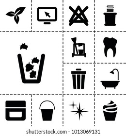 Clean icons. set of 13 editable filled clean icons such as cream, cleaning tools, no bleaching, towels, trash bin, shower, leaf, display pointer, bucket, clean