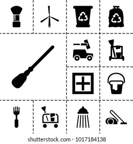 Clean icons. set of 13 editable filled clean icons such as shaving brush, cleaning tools, mop, recycle bin, trash bag, fork, shower, mill, window, vacuum cleaner, bucket