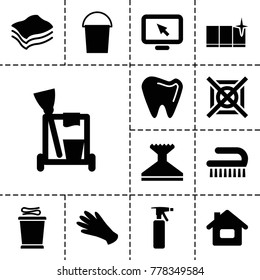 Clean icons. set of 13 editable filled clean icons such as spray bottle, gloves, cleaning tools, bucket, window squeegee, clean window, home, display pointer, tooth, sponge