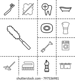 Clean icons. set of 13 editable outline clean icons such as soap, brush, toothbrush, dental care, bath, shaving brush, mop, no wash, cloth hanging