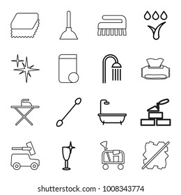 Clean icons. set of 16 editable outline clean icons such as cotton buds, shower, clean wine glass, watering system, brick wall, baby napkin, plunger, sponge, trash bin