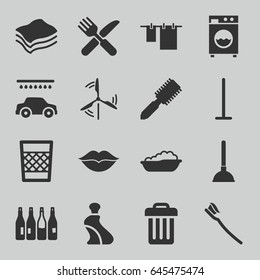 Clean icons set. set of 16 clean filled icons such as bottle, baby bath, hair brush, cream tube, plunger, mop, cloth hanging, car wash, fork and knife, tooth brush, love