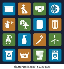 Clean icons set. set of 16 clean filled icons such as mill, diaper, cream tube, toothbrush, recycle bin, washing machine, bottle soap, sponge, laundry, trash bin, spray bottle