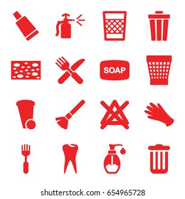 Clean icons set. set of 16 clean filled icons such as shaving brush, cream tube, gloves, soap, sponge, trash bin, no bleaching, fork and knife, fork, spray bottle, tooth