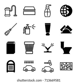 Clean icons set. set of 16 clean filled and outline icons such as cream tube, toilet, washing machine, sponge, napkin, watering system, mop, bottle soap, car wash