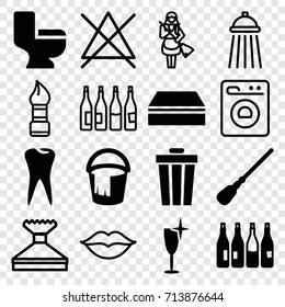 Clean icons set. set of 16 clean filled and outline icons such as bottle, mop, sponge, bucket, clean wine glass, toilet, tooth, brush, window squeegee, no bleaching, maid