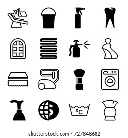 Clean icons set. set of 16 clean filled and outline icons such as shaving brush, spray bottle, plunger, bucket, towels, tooth, window, cream tube, brush, vacuum cleaner