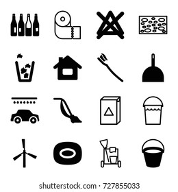 Clean icons set. set of 16 clean filled and outline icons such as bucket, mill, bottle, soap, dustpan, car wash, vacuum cleaner, no bleaching, trash bin, tooth brush