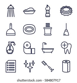 clean icons set. Set of 16 clean outline icons such as baby bath, brush, soap, broom, dustpan, toothbrush, clean, shower, sponge, paper towel, towels, dental care