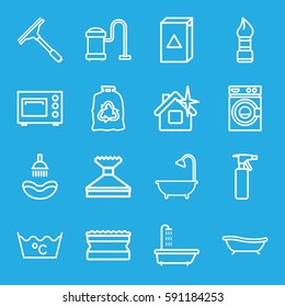 clean icons set. Set of 16 clean outline icons such as shower, spray bottle, brush, window squeegee, washing machine, sponge, clean house, vacuum cleaner, trash bag, laundry