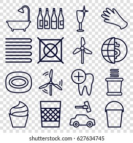 Clean icons set. set of 16 clean outline icons such as bottle, towels, cream, gloves, soap, car wash, clean wine glass, no dry cleaning, shower, bucket, dental care, trash bin