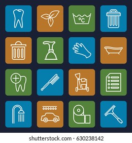 Clean icons set. set of 16 clean outline icons such as gloves, plunger, window squeegee, cleaning tools, toothbrush, car wash, paper towel, shower, laundry, leaf, tooth