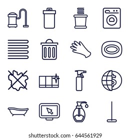 Clean icons set. set of 16 clean outline icons such as trash bin, towels, spray bottle, gloves, soap, mop, no wash, clean window, vacuum cleaner, delete trash bin, bath