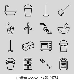 Clean icons set. set of 16 clean outline icons such as bucket, mop, dustpan, broom, toothbrush, shower, washing machine, sponge, vacuum cleaner, trash bin, microwave