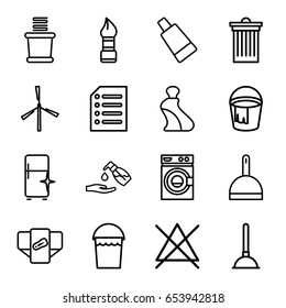 Clean icons set. set of 16 clean outline icons such as mill, diaper, brush, cream tube, plunger, dustpan, bucket, trash bin, washing machine, liquid soap, clean fridge