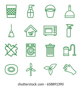 Clean icons set. set of 16 clean outline icons such as bucket, soap, spray bottle, gloves, broom, dustpan, trash bin, no wash, washing machine, bottle soap, vacuum cleaner