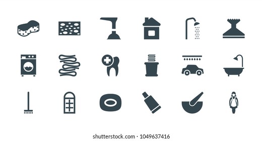 Clean icons. set of 18 editable filled clean icons: cream tube, soap, broom, sponge, window squeegee, car wash, towels, shower, washing machine, window, plunger, maid, home