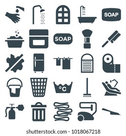 Clean icons. set of 25 editable filled clean icons such as shower, window, shaving brush, cream, soap, vacuum cleaner, dustpan, broom, no wash, cloth hanging, paper towel