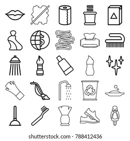 Clean icons. set of 25 editable outline clean icons such as brush, cream tube, toothbrush, plunger, clean, washing machine, paper towel, towels, globe dollar, love, shower