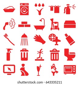 Clean icons set. set of 25 clean filled icons such as brick wall, baby bath, spray bottle, cream tube, gloves, cleaning tools, sponge, shower, cloth hanging, washing machine